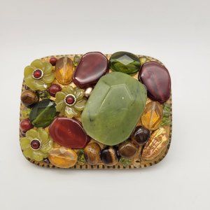 Vintage Michal Golan Chunky Gemstone Belt Buckle Floral Green Brown Caramel Tone